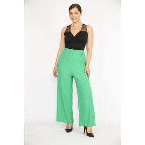 Şans Women's Green Plus Size Elastic Waist Wide Leg Aerobin Fabric Trousers