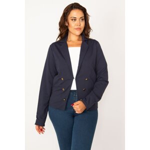 Şans Women's Plus Size Navy Blue Agraph Closure Ornamental Metal Buttons Lined Classic Jacket