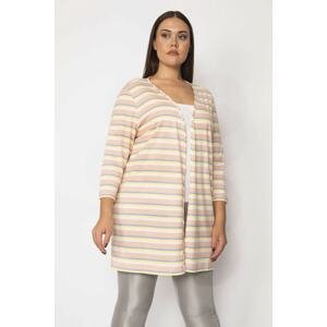 Şans Women's Large Size Pink Cotton Fabric Striped Cardigan