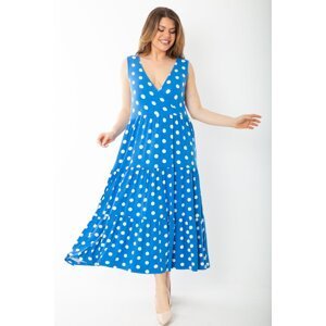Şans Women's Plus Size Blue Wrapover Collar Point Patterned Layered Dress