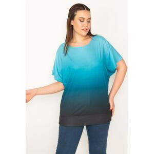 Şans Women's Plus Size Turquoise Tie-Dye Patterned Low Sleeve Hem Tape Blouse