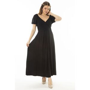 Şans Women's Plus Size Black Wrapover Collar Sleeve Elastic Detailed Long Dress