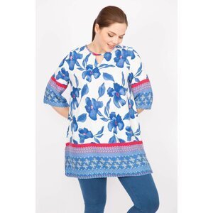 Şans Women's Blue Plus Size Woven Viscose Fabric Water Patterned Tunic