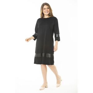 Şans Women's Plus Size Black Sleeve Cuffs And Hem Faux Leather Detailed Long Sleeve Dress