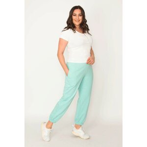Şans Women's Green Cotton Fabric Inset Rack Trousers With Elastic Waist Pocket Detailed Trousers
