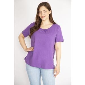 Şans Women's Lilac Plus Size Cotton Fabric Collar Gathered Short Sleeve Blouse