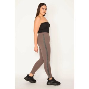 Şans Women's Large Size Mink Steel Viscose Fabric Leggings Trousers with Glitter Detail on the Sides