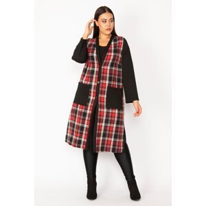 Şans Women's Plus Size Red Plaid Patterned Front Buttons And Pocketed Cape