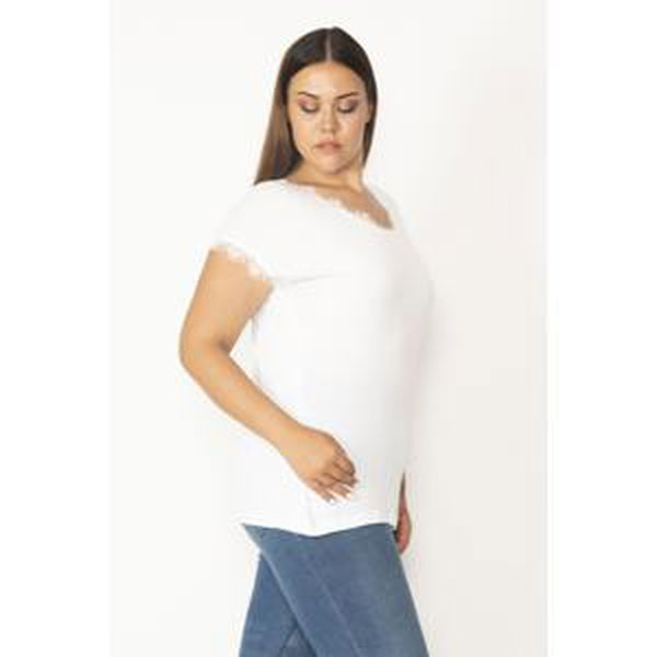 Şans Women's White Plus Size Cotton Fabric V-Neck Lace Detail Low Sleeve Blouse