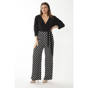 Şans Women's Plus Size Black Wrapover Collar Point Patterned Jumpsuit