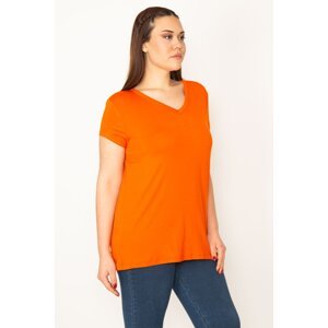 Şans Women's Large Size Orange V-Neck Short Sleeve Blouse