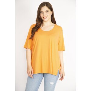 Şans Women's Orange Plus Size Front Two-Layer Short Sleeve Lycra Blouse