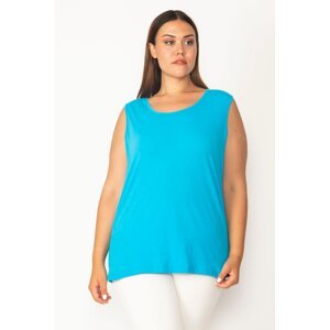 Şans Women's Plus Size Turquoise Cotton Fabric Crew Neck Sleeveless Blouse