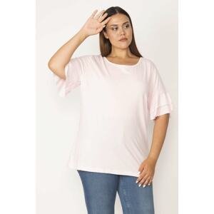 Şans Women's Plus Size Pink Cotton Fabric Crew Neck Blouse with Flounces
