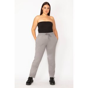 Şans Women's Plus Size Gray Sports Trousers with Elastic Waist And Slip Eyelets Detailed Pockets
