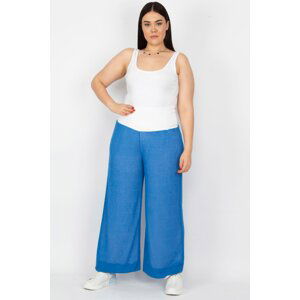 Şans Women's Plus Size Blue Corsage Belt Detailed Lined Knitted Fabric Trousers