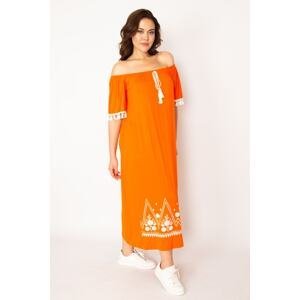 Şans Women's Plus Size Orange Carmen Collar Long Dress with Embroidery and Tassel Detail