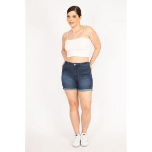 Şans Women's Navy Blue Large Size 5 Pockets Skinny Denim Shorts