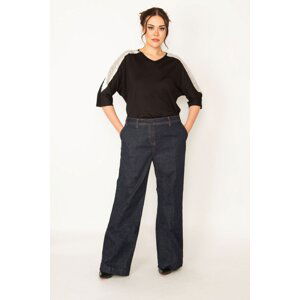Şans Women's Large Size Navy Blue Classic Cut Side Pocket Wide Leg Jeans