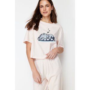 Trendyol Powder 100% Cotton Elephant Printed Knitted Pajamas Set
