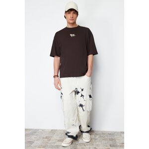 Trendyol Dark Brown Men's Oversize Animal Embroidery Printed 100% Cotton T-Shirt