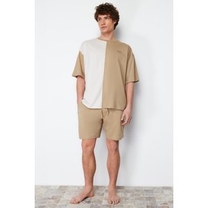 Trendyol Men's Beige Color Blocked Oversize Printed Knitted Pajamas Set