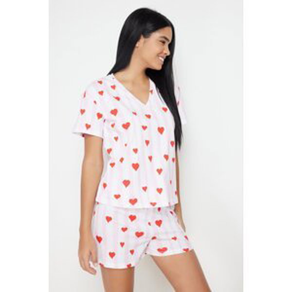 Trendyol Powder-Multicolor Line and Heart Knitted Pajamas Set