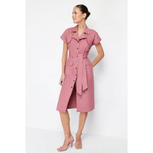 Trendyol Pale Pink Belted Pocket Gabardine Shirt Midi Woven Dress