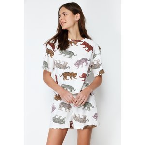 Trendyol Women's Ecru 100% Cotton Animal Patterned Knitted Pajamas Set