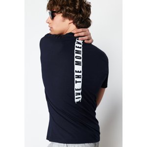 Trendyol Navy Blue Men's Regular/Normal Fit Text Printed on Back 100% Cotton Short Sleeve T-Shirt
