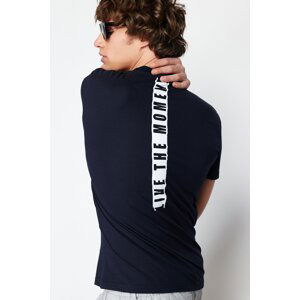 Trendyol Navy Blue Men's Regular/Normal Cut Back Text Printed 100% Cotton Short Sleeve T-Shirt