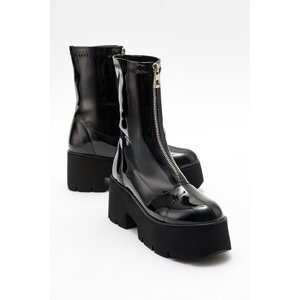 LuviShoes OVİL Black Patent Leather Thick Sole Women's Boots With Zipper