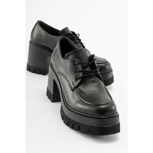 LuviShoes NİLUS Black Leather Lace-Up Women's Platform Heeled Shoes