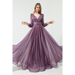 Lafaba Women's Lavender Double Breasted Neck Silvery Long Flared Evening Dress