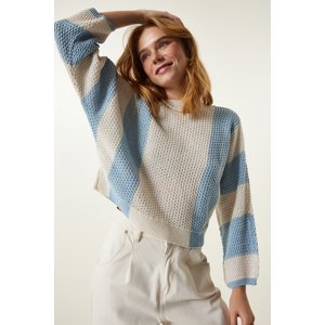 Happiness İstanbul Women's Cream Sky Blue Striped Seasonal Knitwear Sweater