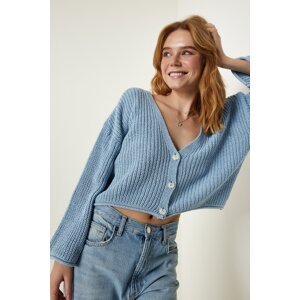Happiness İstanbul Women's Sky Blue V-Neck Seasonal Crop Knitwear Cardigan