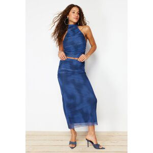 Trendyol Indigo Draped Maxi Tulle Stretch Knitted Skirt