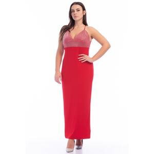 Şans Women's Plus Size Red Evening Dress with Embroidered Stones