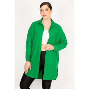 Şans Women's Green Plus Size Front Buttoned Hem Oval Cut Long Shirt