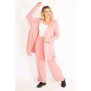 Şans Women's Plus Size Pink Side Lace Up Detail Cardigan Trousers Suit