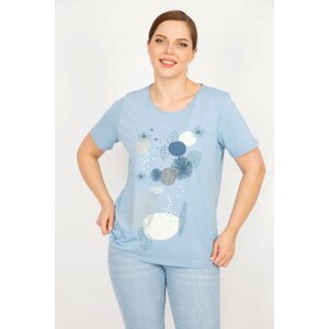 Şans Women's Baby Blue Plus Size Cotton Fabric Front Printed Blouse