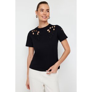 Trendyol Black Embroidered Basic/Regular Pattern Knitted T-Shirt