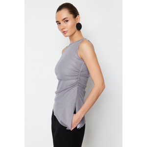 Trendyol Gray Tulle Gathered Regular Zero Sleeve Flexible Knitted Blouse