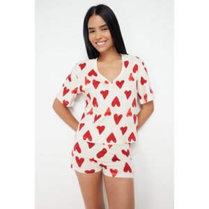 Trendyol Ecru 100% Cotton Heart T-shirt-Shorts Knitted Pajamas Set