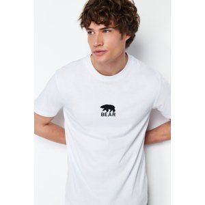Trendyol Men's White Regular/Regular Cut Bear/Animal Embroidery 100% Cotton Short Sleeve T-Shirt