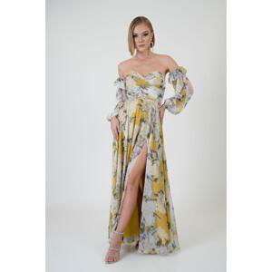 Carmen Yellow Strapless Slit Printed Evening Dress