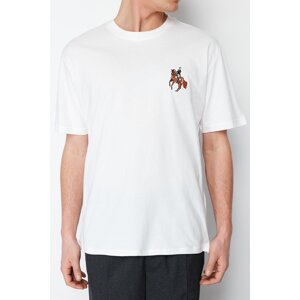 Trendyol Ecru Men's Relaxed/Comfortable Cut Horse/Animal Embroidered Short Sleeve 100% Cotton T-Shirt