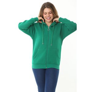 Şans Women's Plus Size Green Inner Raised 3 Thread Front Zipper Hooded Sweatshirt