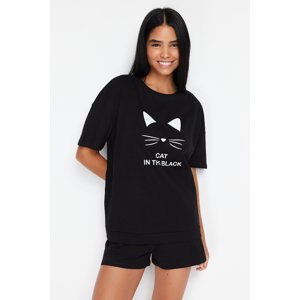 Trendyol Black Cat Printed Knitted Pajamas Set