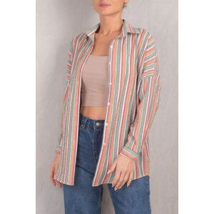 armonika Women's Light Pink Striped Oversize Long Basic Shirt